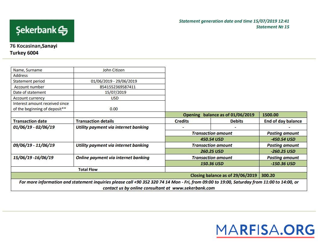 Downloadable Turkey Sekerbank bank statement word template
